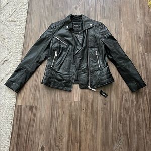 Barney’s black leather jacket NWT